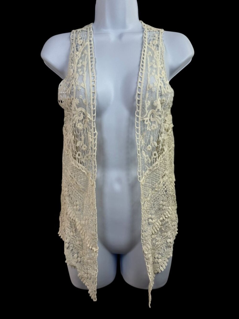 Boho Cream Lace Crochet Vest Open Front Sleeveless Womens Top Small Sheer Boho